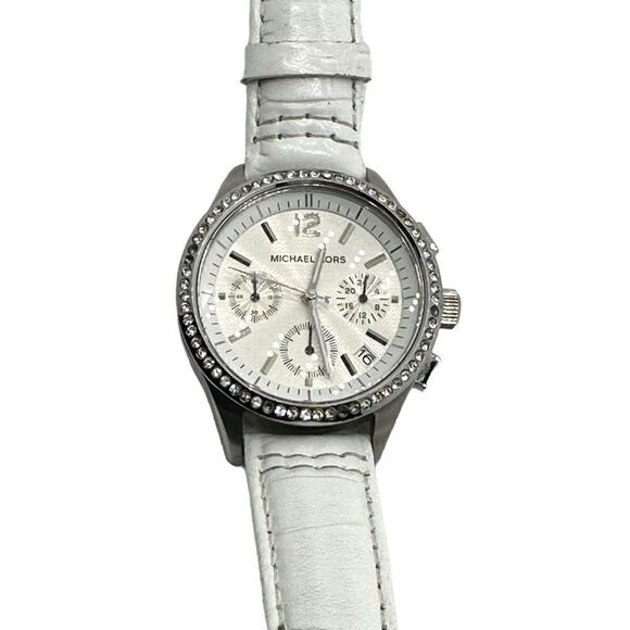Michael Kors Women's Wristwatch Embossed Genuine Leather Stainless Steel White - Picture 1 of 9